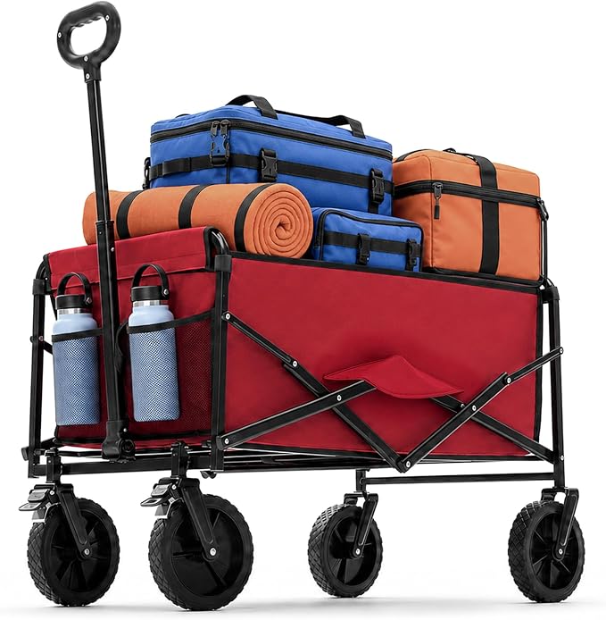 DUMOS Collapsible Wagon Cart, Heavy Duty Foldable Utility Wagon with Lockable Brake Wheels – 330 lbs Capacity, Flexible Handle for Beach, Garden, Sports, Grocery & Camping, Red