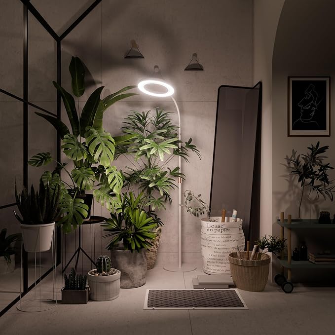 Plant Grow Light for Indoor Plants, Full Spectrum Grow Lamp with Pedestal Stand, Automatic Timer for 3H/9H/12H, Height Adjustable 51-67in White