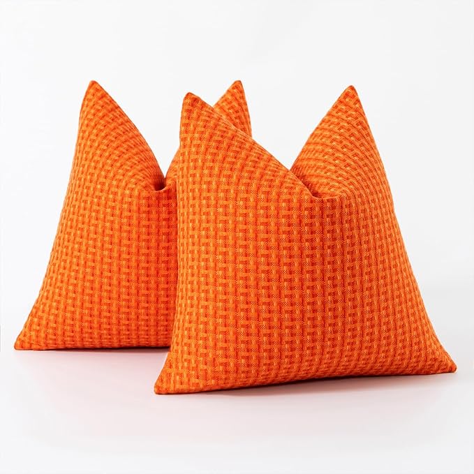 Kevin Textile Fall Outdoor Waterproof Throw Pillow Covers Pack of 2 Weaving Texture Water Resistant Outside Decorative Cushion Covers for Garden Patio Tent Balcony Bench Couch Sofa 18x18 Inch, Orange