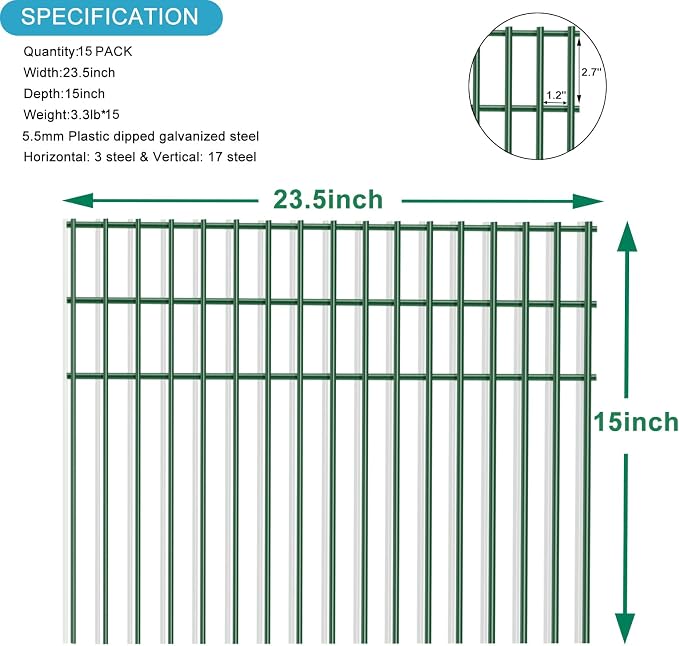 15 Pack Animal Barrier Fence, Green No-Dig Underground Pet Dog Fence 23.5'' X 15'', Outdoor Small Garden Dog Digging Under Fence Gap Barrier,Decorative Garden Fence for Outdoor Garden Yard Patio