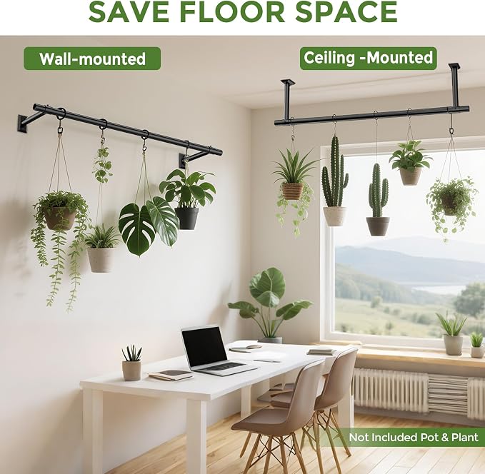 Window Plant Hanger for Indoor Plants, 48 Inch Hanging Plant Rod, 1 Inch Diameter Metal Rod, Hanging Plant Holder for Window Wall, Matte Black, Square Flange Base, Pots Not Included