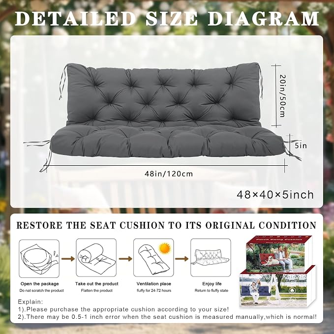 Replacement Cushions for Outdoor Furniture 48 Inch Waterproof Porch Swing Cushions 2 Seater with Backrest Extra 5" Thicken Durable Patio Long Bench Cushions(Dark Gray 48×40×5inch)