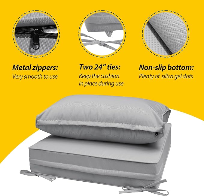 AAAAAcessories Outdoor Seat Cushions for Chairs, Fade-Resistant, Waterproof Patio Furniture Replacement Cushions, 24" x 24" x 5" + 24" x 13.5", Gray