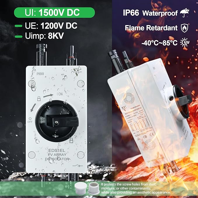Solar Disconnect Switch 4-Pole DC1500 32A Isolator Solar Switch with Enclosure for Rooftop Solar Systems, RVs and Boat Waterproof IP66 Black 2MC4
