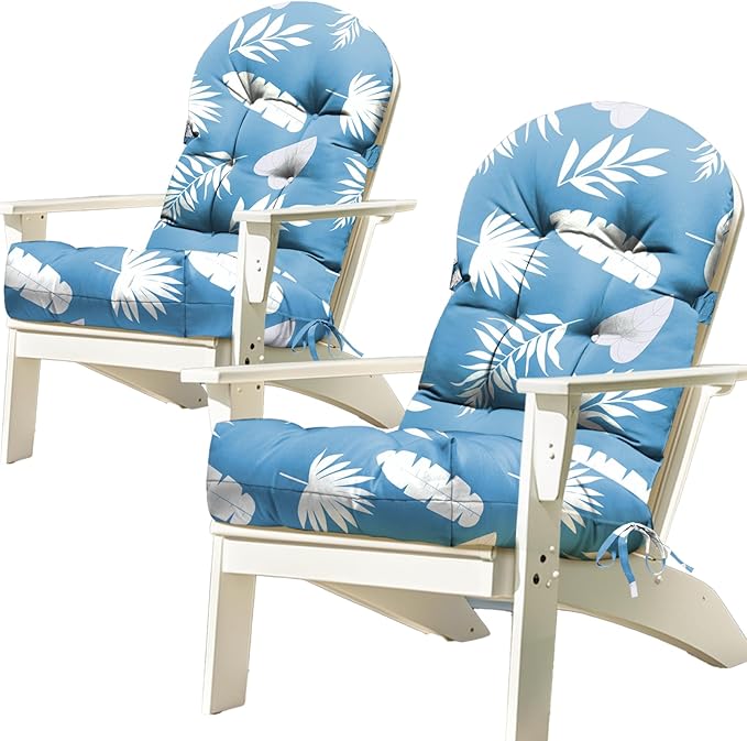2 Pack Adirondack Chair Cushion Waterproof Indoor Outdoor Rocking Chair Cushion 44 Inches Patio High Back Chair Cushions Thickened Adirondack Rocking Chair Cushions with Ties, Blue Leaf