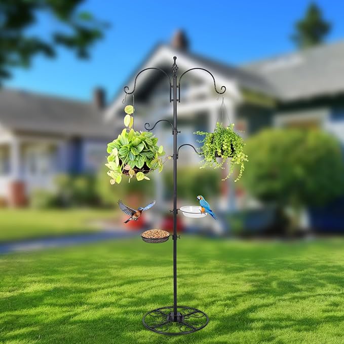 MorningRo Adjustable Shepherd Hook Stand, 34"- 55" Black Iron Shepherd Hook with Base for Plant Hanging, Wind Chime & Bird Feeder - Outdoor Garden Porch Decoration(Basic Style)