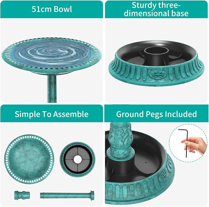 AISITIN 28 Inch Bird Bath with 3.5W Solar Fountain for Outside, Polyresin Pedestal Bird Baths for Outdoor Garden Courtyard Decoration, Weather-Resistant Birdbaths with 20" Bowl & 8 Nozzles, Green