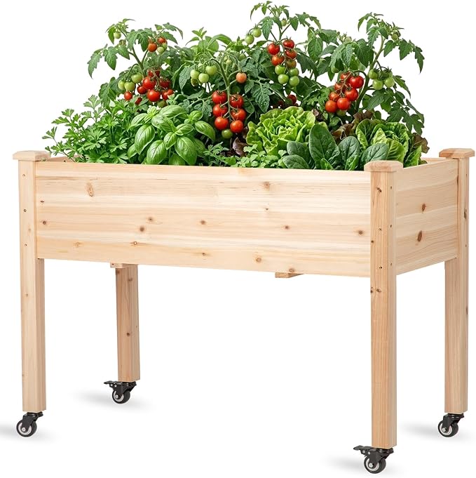 Raised Garden Bed with Lockable Wheels, 48x24x32 inch Elevated Wood Planter with Protective Liner for Vegetable Flower Herb Outdoor Balcony Patio Backyard, Natural