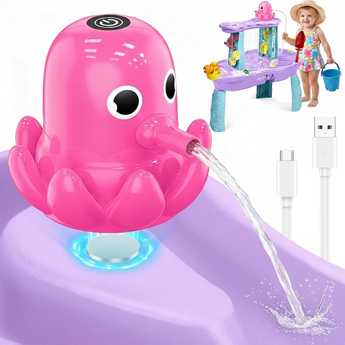 Water Table Pump, Battery Powered Continuous Water Pump for Water Table, Cordless Octopus Rechargeable Magnetic Pump, No Drill Installation, Outdoor Water Play Accessory for Kids (Pink)