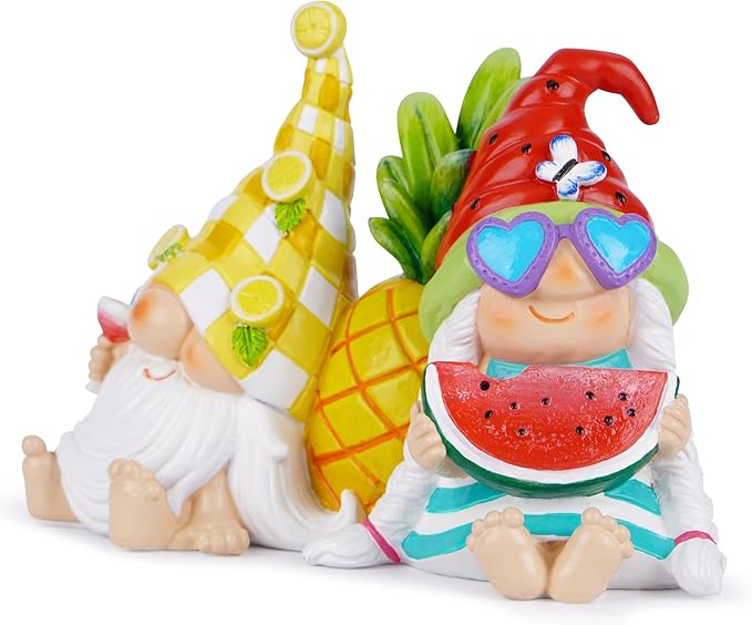 Hodao Summer Fruit Themed Garden Gnomes Decor - Lemon & Watermelon Design with Pineapple Accent - Adorable Resin Figurines for Home, Yard & Patio Decor