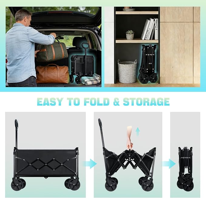 Collapsible Wagon Cart with Wheels Foldable - Lightweight 280LBS Heavy Duty Folding Utility Portable Beach Wagon with All-Terrain Wheels for Groceries Shopping Garden Sports Camping