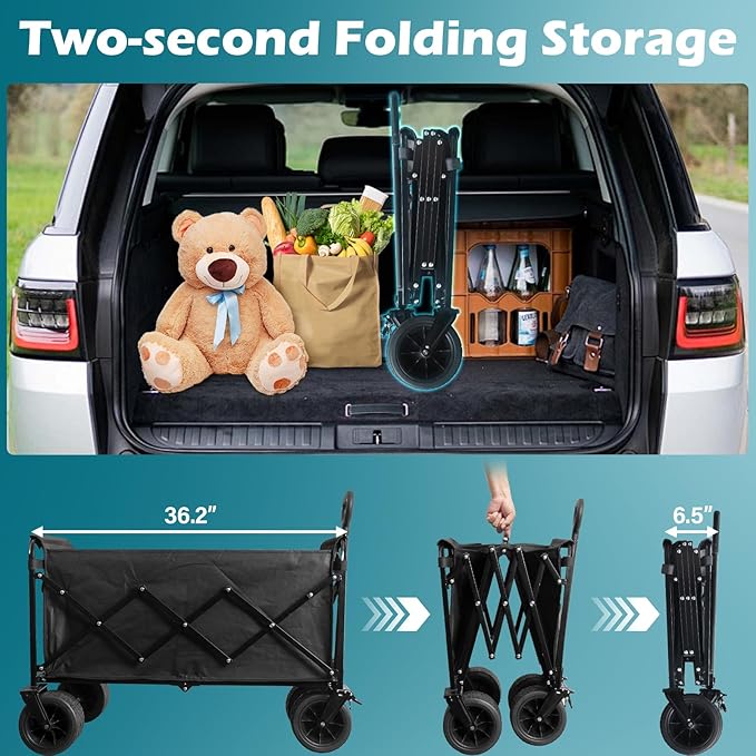 Beach Wagon with Big Wheels for Sand: 600LBS All Terrain Collapsible Beach Cart Foldable - Portable Heavy Duty Folding Utility Wagon Cart for Groceries Shopping Outdoor Camping Sports