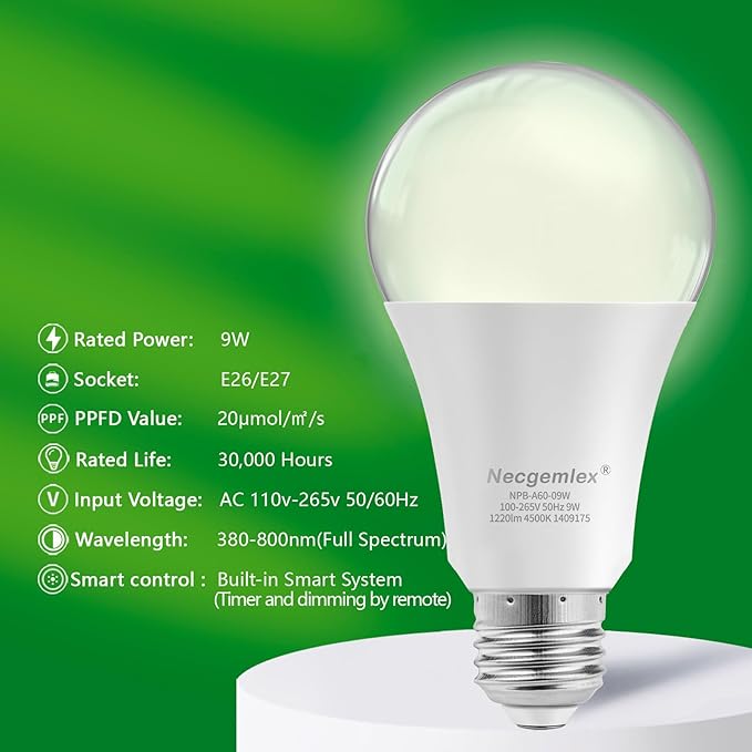 LED Grow Light Bulbs, Sun Mode Auto Dimming, 4500K, A19/A60 E26/E27 9W Full Spectrum Grow Bulbs for Indoor Plants, 2 Pack