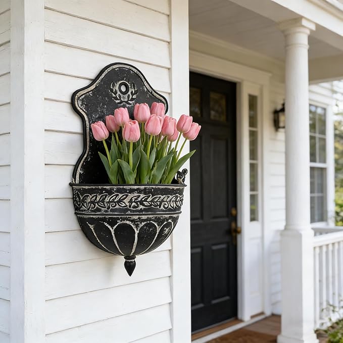 Vintage Distressed Black Metal Wall Planter, Rustic Hanging Pocket Planter with Scrollwork & Scalloped Design, Farmhouse Wall Decor for Indoor & Covered Outdoor Garden, Porch & Entryway