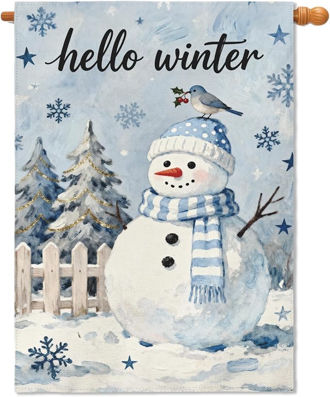 Winter Snowman House Flag 28x40 Inch Christmas Tree Snowflake Cardinal Hello Holiday Decorative Garden Flags for Outside Double Sided Seasonal Outdoor Home Farmhouse Decoration Yard Porch Decor