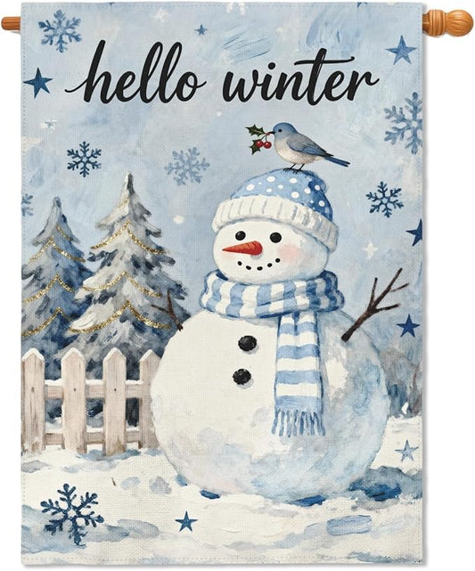 Winter Snowman House Flag 28x40 Inch Christmas Tree Snowflake Cardinal Hello Holiday Decorative Garden Flags for Outside Double Sided Seasonal Outdoor Home Farmhouse Decoration Yard Porch Decor
