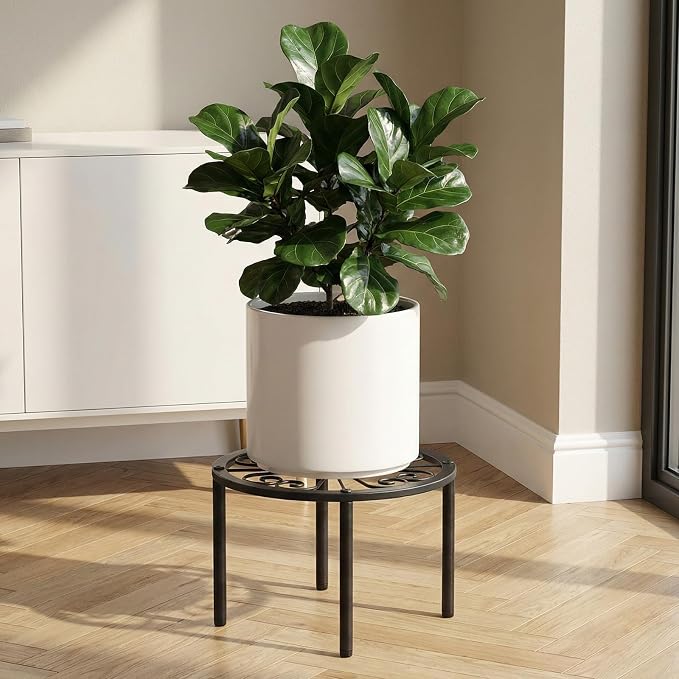 TOSKING Heavy Duty Metal Plant Stand – 120 lbs Capacity, 10.2" Classic Scroll Pattern Round Stand for Medium to Large Pots, 4 Adjustable Feet & Rustproof, Indoor/Outdoor, Black (10.2" D x 7.9" H)