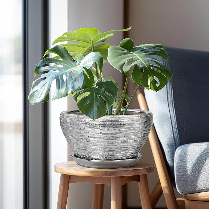 Ceramicfor Flower Pot for Indoor Plants - Ceramic Planter 11 Inch Plant Pot with Drainage Hole and Saucer Large Decorative Planter Outdoor Mid-Century Planter for House Decor Silver