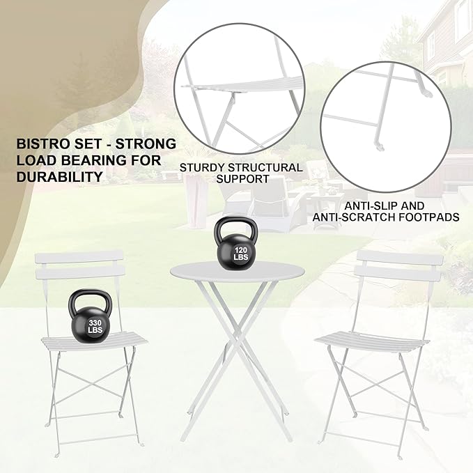 Bistro Table and Chairs Set of 2, 3 Piece Outdoor/Indoor Folding Patio Bistro Sets, 2 Chair Patio Furniture Set with Table, Premium Frame Foldable Coffee Tables for Balcony, Yard, Garden, White