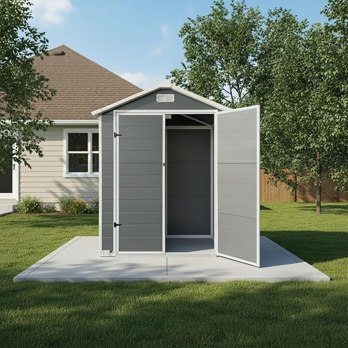 YOPTO 6x4 FT Plastic Storage Shed,Outdoor Storage Shed with Floor and Lockable Door,Waterproof Garden Shed W/Windows & Vents,Sloped Roof,Tool House for Storing Bicycles,Lawnmowers,Gray