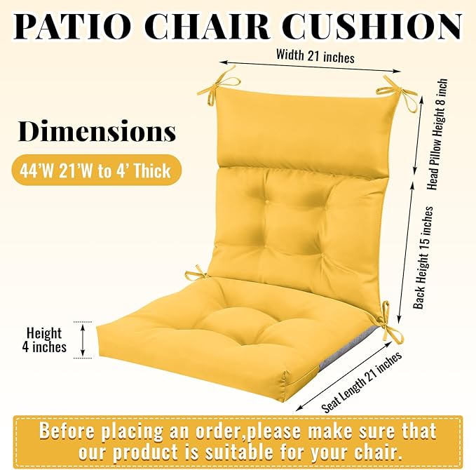 Sintuff 2 Pcs 44 x 21 x 4 Patio Chair Cushions Outdoor Chair Cushion Seat/Back Tufted Pillow with Ties Water Resistant Replacement Indoor Patio Furniture Outdoor Furniture (Solid Color,Yellow)