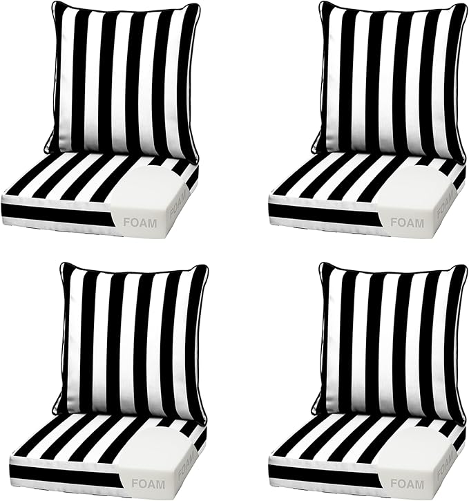 Arden Outdoor Foam Deep Seat Cushion (4-Pack), 22x24, Premium High-Density Foam, Never Flattens, Weather-Proof for Patio Chair Sofa Couch, Black Cabana Stripe