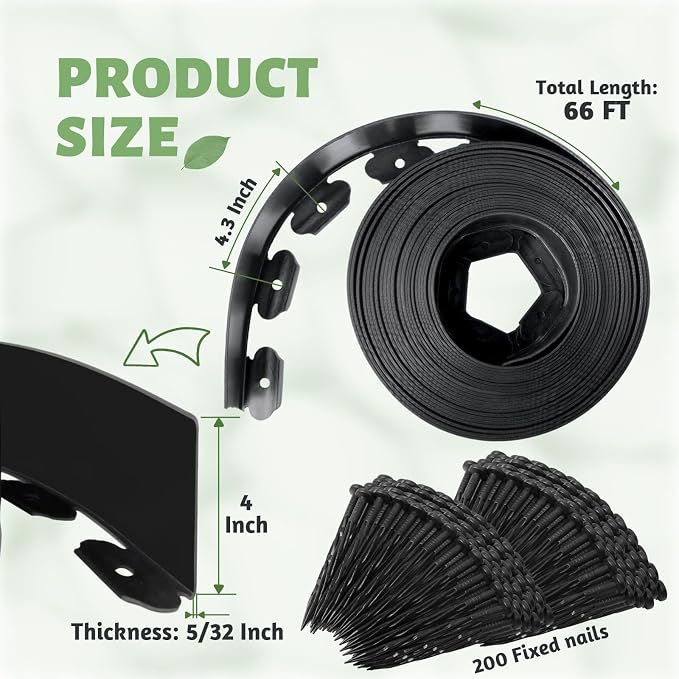 Landscape Edging - 4" High x 66 FT, Plastic Garden Edging Border with 200 Plastic Spikes, No Dig Lawn Edging for Lawn, Flower Beds, Yard, Garden Bed and Landscaping