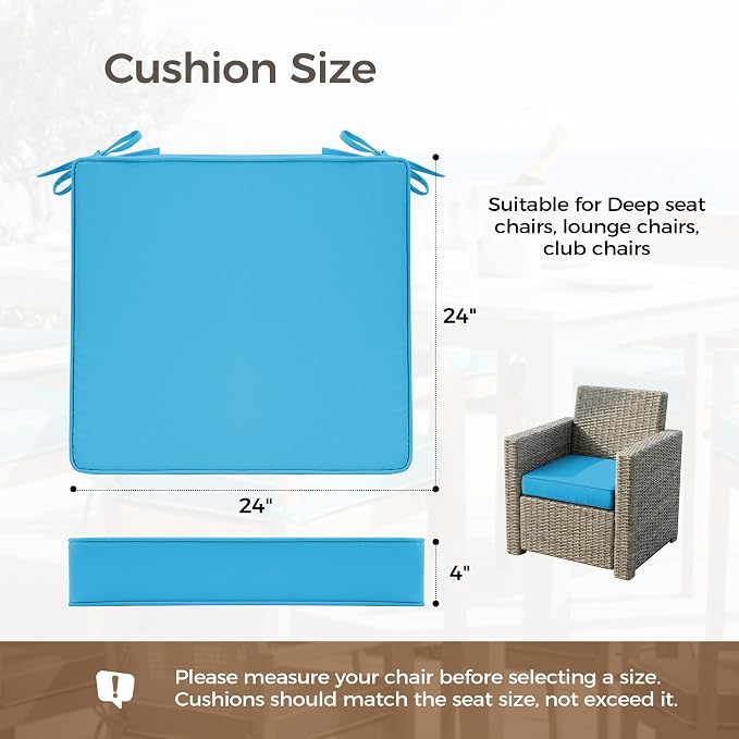 UNIKOME Outdoor Chair Cushions Set of 4, Water Resistant Patio Seat Cushions with Ties for Outdoor Furniture, High-Density Foam, UV & Fade Resistant, Piped Edge – 24" x 24" x 4", Teal