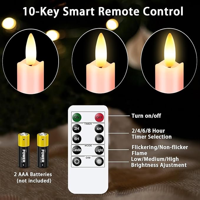 KSWING Upgraded Real Wax LED Flameless Pink Taper Candles with Remote, 6 PCS Candlesticks Battery Operated 3D Flickering - 9.6" Long Realistic Fake Candle Sticks for Home/Wedding/Fireplace Xmas Decor