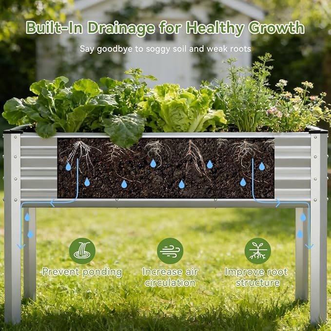 COMHOMA 2 Pack Raised Garden Bed with Legs 4x2x2.5ft,Large Elevated Galvanized Metal Planter Box with Drainage Holes,Outdoor Growing Kit with Gloves Tools for Backyard Patio Lawn,Sliver