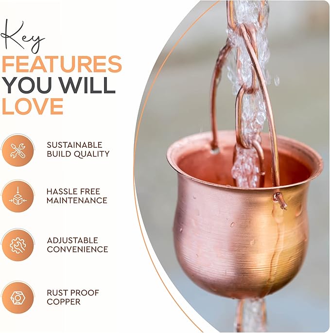 Copper Rain Chain – Decorative Chimes & Cups Replace Gutter Downspout & Divert Water Away from Home for Stunning Fountain Display – for Universal Fit