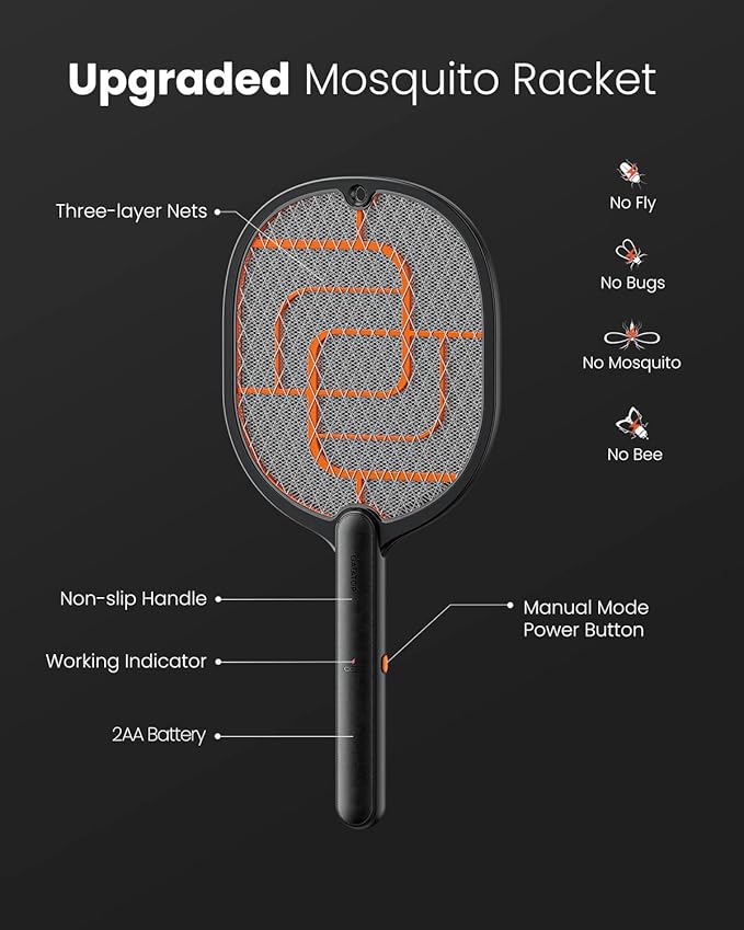GAIATOP Electric Fly Swatter, 3800V Battery Powered Handheld Fly Zapper, 3-Layer Protection Grid Bug Zapper Racket for Home Bedroom Kitchen Office Backyard Patio Indoor Outdoor