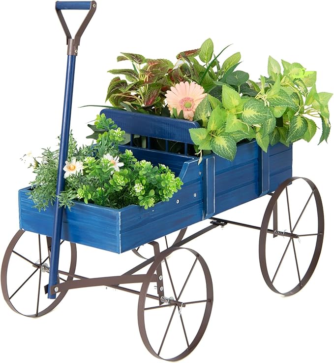 DORTALA Wood Wagon Planter, Outdoor Garden Flower Planter Cart with Wheels, Small Decorative Wood Raised Bed Plant Pot Box Stand for Backyard, Patio, Balcony, Blue