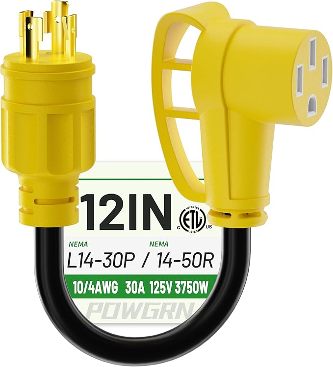 POWGRN 30 Amp to 50 Amp RV Generator Adapter Cord 1FT(12 Inch), NEMA L14-30 Male Plug to NEMA 14-50 Female Plug, 4 Prong Heavy Duty Power Cord, 10 Gauge STW, 30A 125V/250V, Black-Yellow, ETL Listed