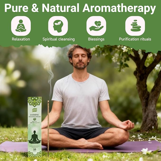 Jasmine Incense Sticks Natural - 16 Sticks Handcrafted Jasmine Sticks for Relaxation, Meditation, Yoga, Spiritual Purification & Home Ambiance | inciensos aromaticos para la casa