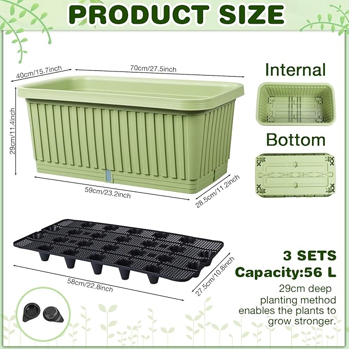 3 Pcs Large Planter Boxes Deep Rectangular Planter Boxes Outdoor Lightweight Plastic Planting Flower Pot with Drainage Holes Plant Pot for Patio, Courtyard, Lawn, Outdoor(Green,28 Inches)