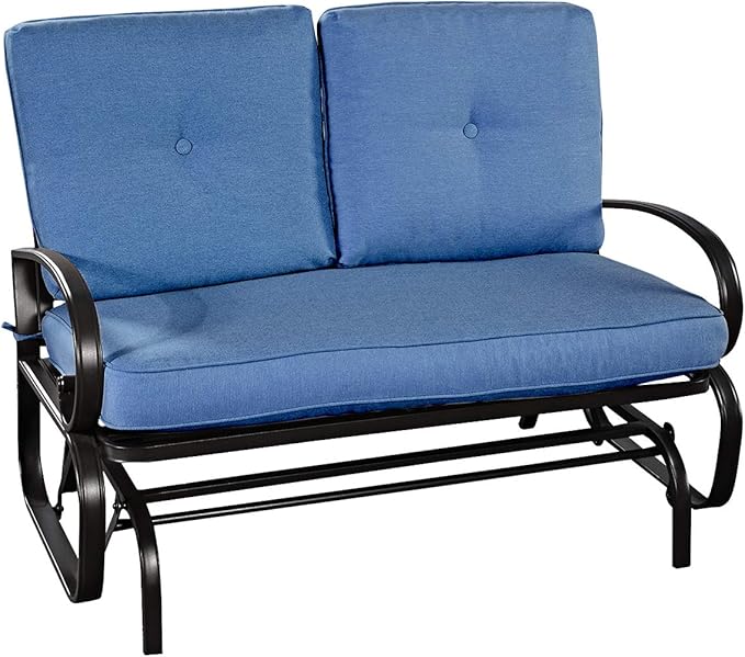 Giantex Outdoor Glider Bench, Patio 2 Person Loveseat with Removable Cushion, Padded Seat, Stable Steel Frame, Outside Glider Swing Chair for Deck, Poolside, Backyard, Balcony, Porch Glider(Navy)