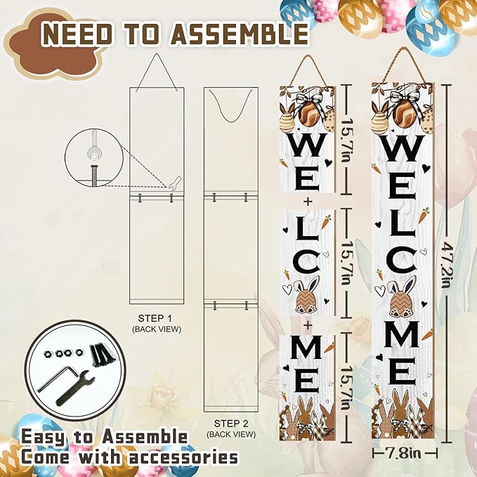 Easter Welcome Sign for Front Door, 47'' Tall Happy Easter Bunny Wooden Porch Sign for Patio, Rabbit Eggs Standing Vertical Door Signs Spring Rustic Yard Signs Seasonal Outdoor Signs for Garden