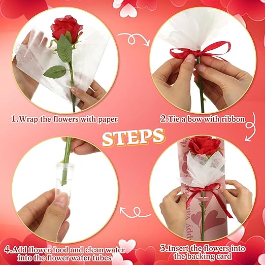 Eaasty 96 Set Valentine's Day Themed Single Rose Card Sleeve Gift Packaging Flower Holder with Floral Water Tubes Ribbon Floral Tissue Paper for Rose Packing