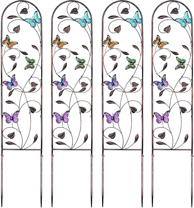 4 Pack Metal Garden Trellis with Colorful Butterfly, Outdoor Decoration Arched Fence Trellis for Climbing Plants for Patio, Backyard, Lawn, Wall Brackets