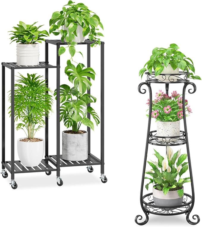 iDavosic.ly Metal Plant Stand Indoor Outdoor Set of 2, 3 Tiered Corner Flower Holder Shelf and 4 Layer Vertical Rolling Rack for Large Pots Modern Black