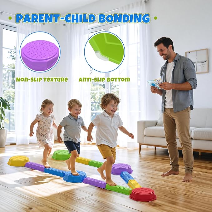 Wee Wonders Balance Beam Stepping Stones for Kids, Non-Slip Sensory Obstacle Course Toys for Toddlers, Stackable Balance Stones with Game Spinner & 30 Card, Indoor Outdoor Gifts for Boys Girls 3-5