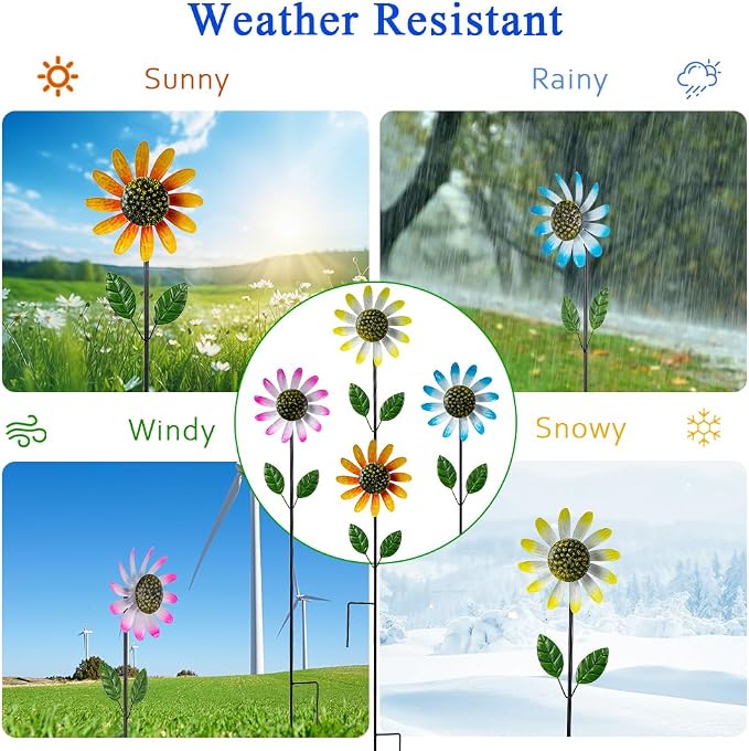 4 Packs Wind Spinner Outdoor, Pinwheels for Yard and Garden, Metal Sunflower Decorative Garden Stakes for Lawn Patio Porch Decor