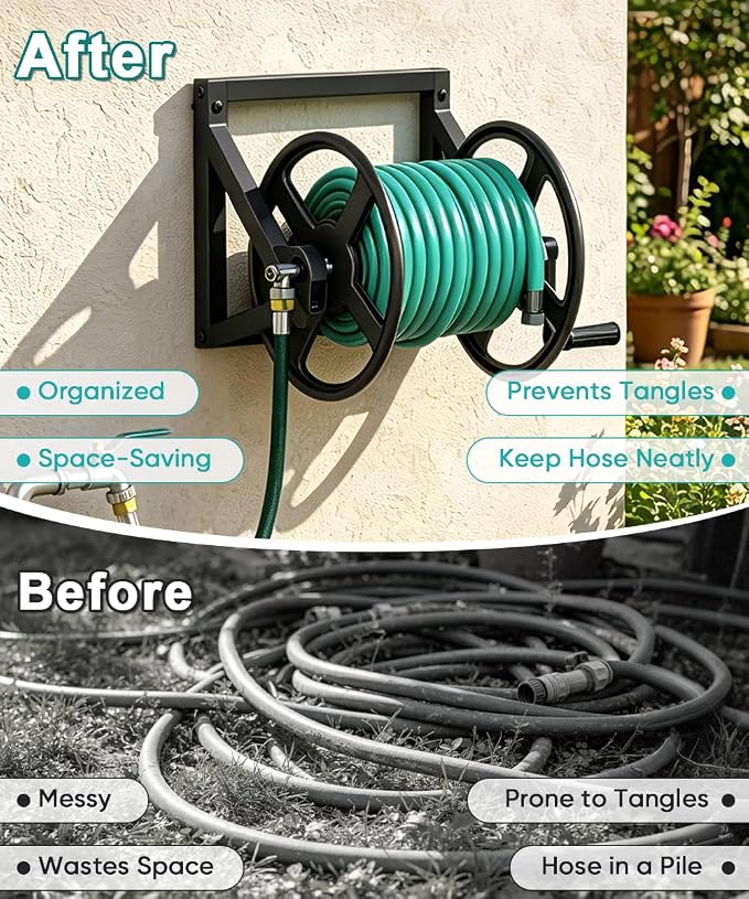 Artigarden Garden Hose Reel Wall Mounted, Outdoor Heavy Duty Powder Coated Metal Water Hoses Holder Winder Holds 125 ft 5/8" Hoses with 3.9ft Leader Hose, Stainless Steel Connector for Outside, Black