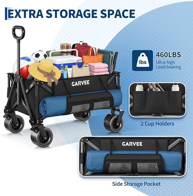 Wagon Carts Foldable, 460LBS Weight Capacity 280L Collapsible Wagon with All-Terrain Wheels, Drink Holders, Storage Cover&Elastic Rope, Utility Carts for Groceries, Shopping, Camping, Sports -Black
