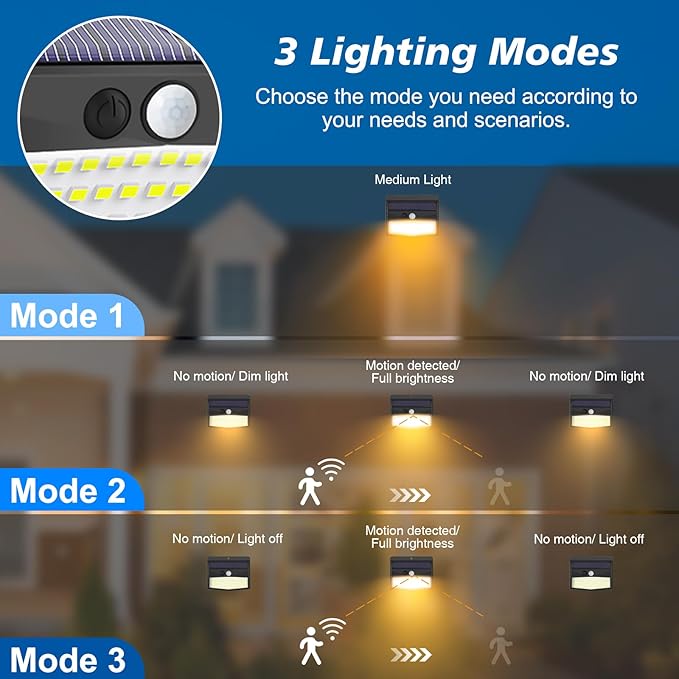 Solar Motion Sensor Outdoor Lights [138 LED/2 Packs] Solar Security Light Outdoor with 3 Lighting Modes Solar Powered Lights Waterproof for Outside Wall Garden Fence Backyard Deck, Warm White