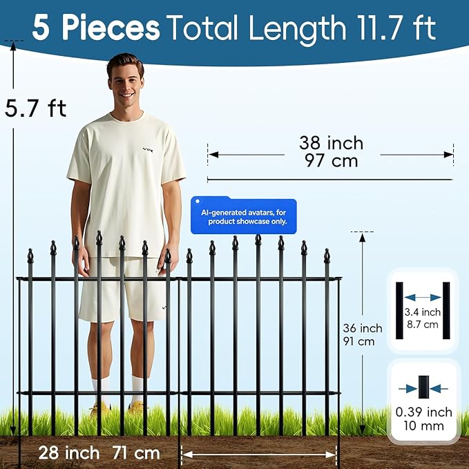 Thealyn Metal Garden Fence Panels 32" H x 24" W (4 Panels + 1 Gate, 10 Ft Total) No Digging Decorative Garden Border Fence, Rust-Resistant Black Landscape Edging for Flower Beds, Yard, Patio