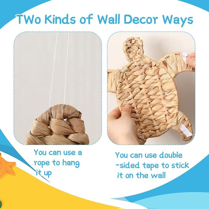 Threehoney 3 Pcs Sea Turtle Beach Theme Decor 3 Size Handmade Wicker Turtle Wall Decor Sea Life Hanging Wall Art Coastal Nautical Sculpture Table Decoration for Boho Bathroom Indoor Outdoor Ornament