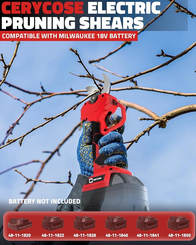Cerycose Cordless Electric Pruning Shears Compatible with Milwaukee 18V Battery, 0.8-2-Inch Cordless Portable Pole Pruner with LCD Display & Imported SK7 Steel Blades for Gardening Shears(Tool Only)
