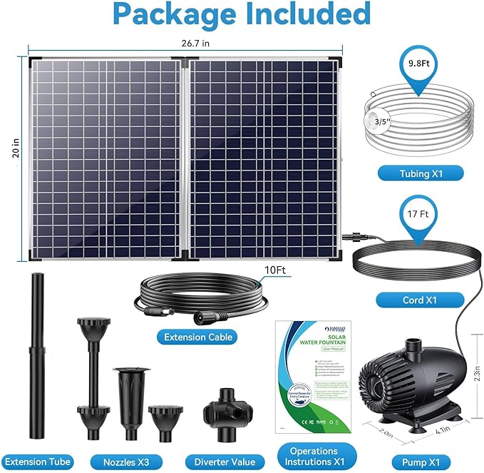 POPOSOAP 70W Solar Water Pump, Solar Water Fountain with Water Shortage Protection, Solar Pond Pump 580GPH Adjustable with PVC Clear Tubing, 17Ft+10Ft Cord for Ponds, Garden, Waterfall, Hydroponics